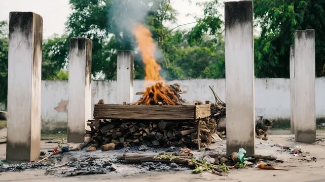 Hindu cremation ground in India, stacked firewood structure burning with visible orange flames, oil lamp, diya, marigold flowers, riverside ritual, Hindu ceremony