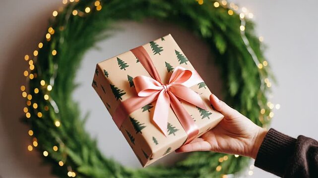hand holding a christmas gift box wrapped in pine tree patterned paper with pink ribbon in front of a festive wreath with warm lights