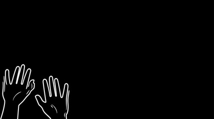 Obraz premium White outlined hands reaching up on a black background, a minimalist graphic illustration of a gesture of asking, praying, or surrender.