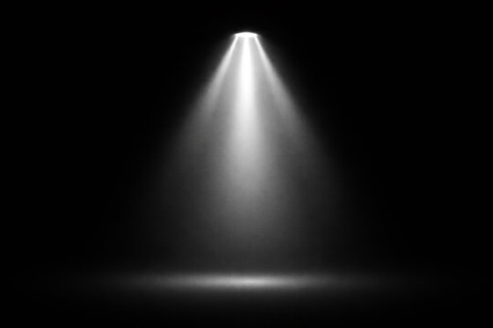 Abstract stage spotlight beam, bright cone light with haze fog atmosphere and empty floor glow on transparent background