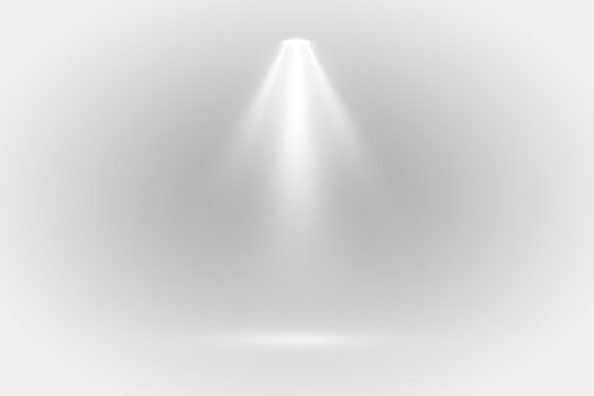 Abstract stage spotlight beam, bright cone light with haze fog atmosphere and empty floor glow on transparent background.
