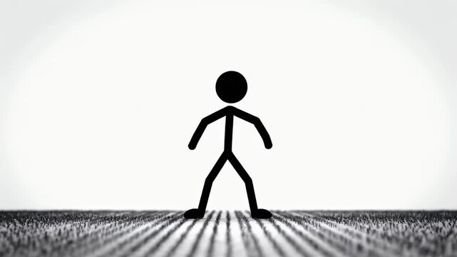 Stick Figure Stand Animation Black and White Isolated on Striped Background