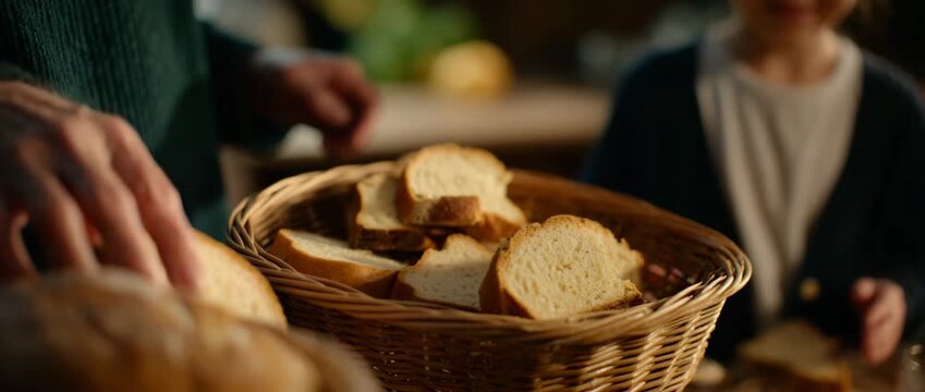 A grandparent offering slices of bread to a young child.