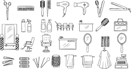 Fototapeta premium Beauty Salon Barbershop Equipment Line Art. Hand-drawn Doodle Icons of Hairdresser Tools, Furniture, and Accessories in Black and White Sketch Style.