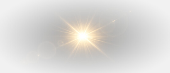 Golden explosion burst with glowing rays, abstract energy blast flare and smoke cloud effect on transparent background. © Polyak Tata