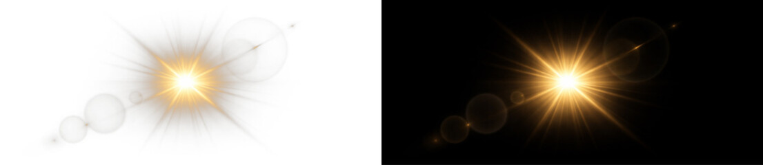 Golden explosion burst with glowing rays, abstract energy blast flare and smoke cloud effect on transparent background. © Polyak Tata