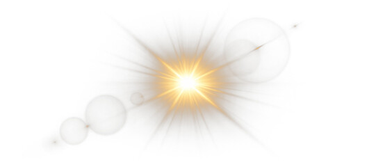 Golden explosion burst with glowing rays, abstract energy blast flare and smoke cloud effect on transparent background.