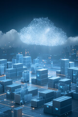 A futuristic digital cityscape at night with illuminated buildings connected by neon lines and a glowing cloud composed of network nodes floating above.
