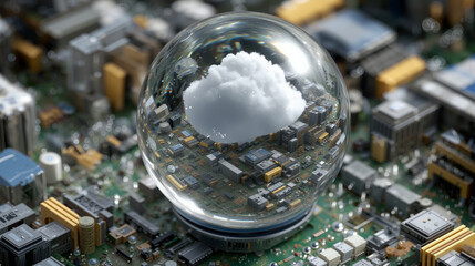 A transparent glass sphere reflecting a cloud image sits atop a detailed electronic circuit board with various components and connections.