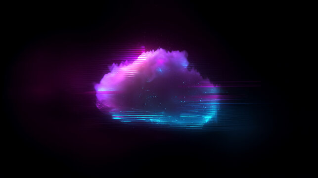 A glowing cloud with neon purple and blue light streaks on a black background, featuring a digital glitch effect with horizontal lines and star-like sparkles.