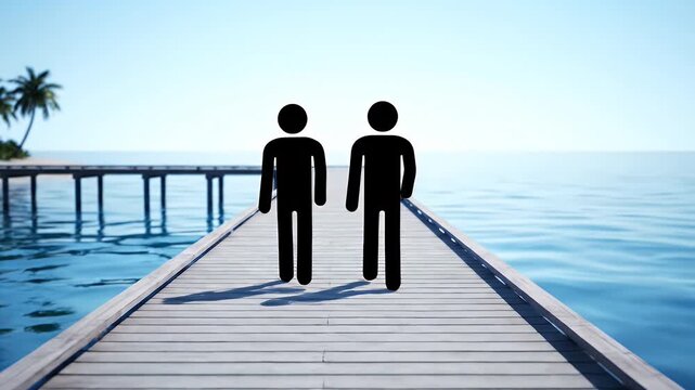 Two Black Stick Figures Walking Together on Wooden Pier Over Blue Sea