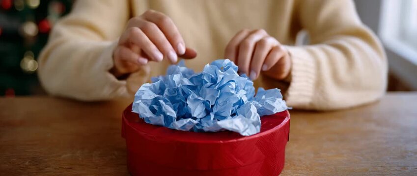 A person eagerly unwraps a red gift box filled with paper.