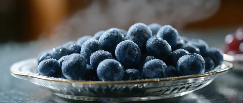 A fresh batch of blueberries resting on a decorative transparent plate.