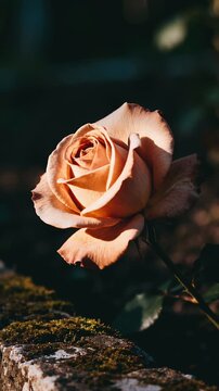 soft peach rose blooming beside moss covered stone in natural garden light with elegant romantic floral atmosphere
