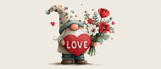 A cheerful gnome holds a red heart labeled LOVE and a bouquet of vibrant flowers, surrounded by floating hearts?a charming celebration of affection.