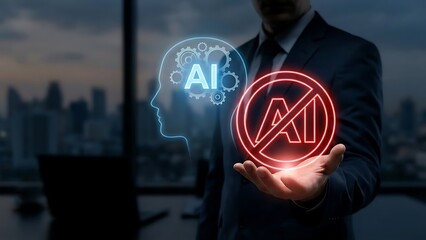 Businessman holding AI technology symbol.