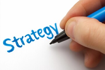 Writing strategy with a blue marker on white paper