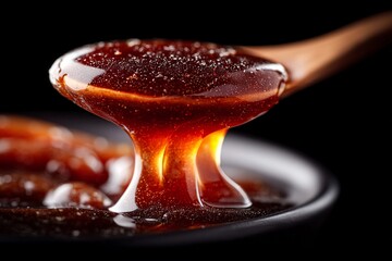 Fototapeta premium Sweet syrup drips from wooden spoon in dark setting
