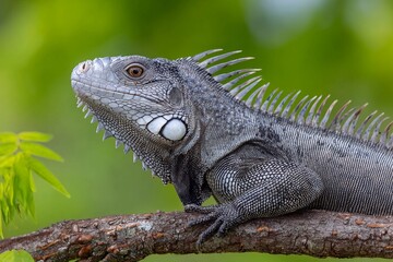 Fototapeta premium Iguana resting on a branch in a green forest setting