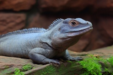 Fototapeta premium Lizard resting on log in natural setting at daytime
