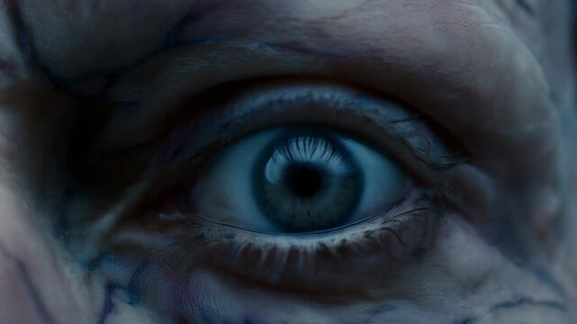 Terrifying close up of an undead monster eye opening. Horror makeup detail.