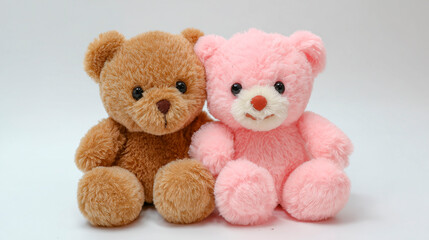 Two small teddy bears, one brown and one pink, sit closely together. They have soft fur and adorable button eyes, perfect for gifts. These cuddly plush toys symbolize friendship and love