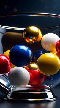 Glossy colorful lottery balls mixing inside a transparent glass drum in a cinematic 3D animation, symbolizing luck and gambling concepts.