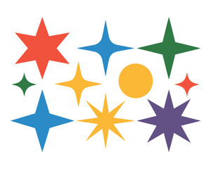 Obraz premium A collection of colorful star shapes and a circle on a white background.