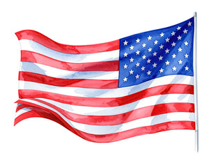 Fototapeta premium Watercolor illustration of a waving flag with red stripes and blue canton with white stars