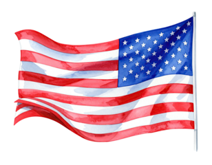 Watercolor illustration of a waving flag with red stripes and blue canton with white stars