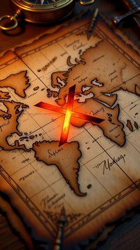 Ancient pirate treasure map with a glowing red X mark surrounded by gold coins, a compass, and burning candles on a wooden table in a cinematic still life symbolizing adventure and discovery