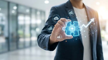 Businessman interacting with digital interface.