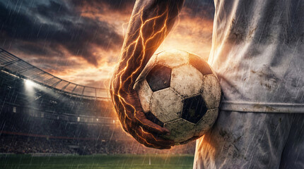 Soccer player holding ball with lightning and rain in stadium.  Power in the veins. Fire and energy. 