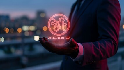 Businessman holding digital data restriction icon.