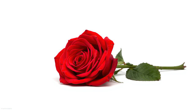 A single red rose lying on a clean white background