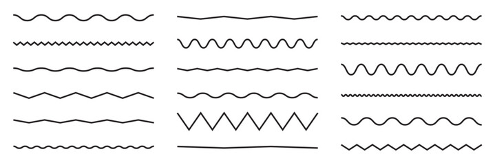 Zigzag wave line patterns, smooth end squiggly horizontal white lines. Vector curvy underlines on white background .
