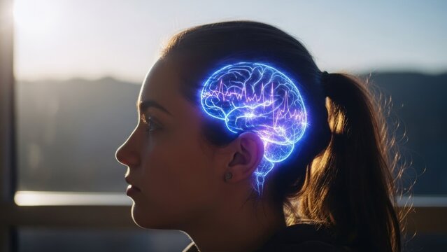Young woman's profile with glowing brain illustrating intense neurological patterns, depicting the complexities of epilepsy and general brain health research