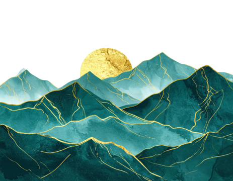 Artistic depiction of layered teal mountain range with gold accents, sun in background - Powered by Adobe