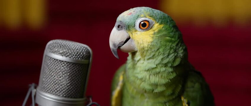 A colorful parrot interacts with a microphone, as if preparing to perform a song.