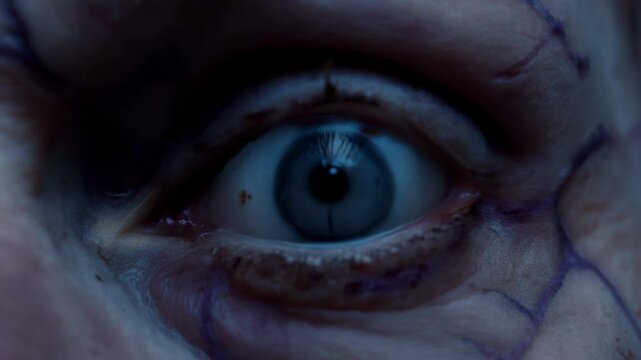 Terrifying close up of an undead monster eye opening. Horror makeup detail.