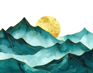 Watercolor depiction of teal mountains, golden sun, and gold accent lines against a black backdrop