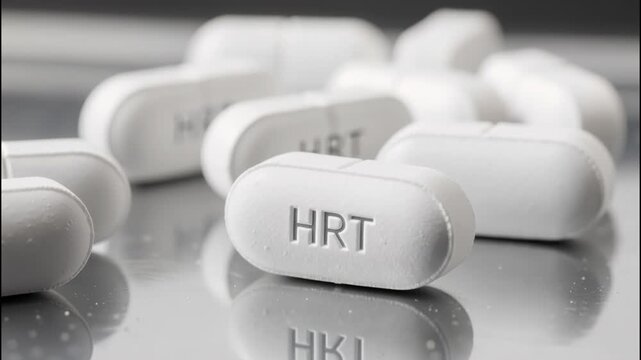 Macro close-up of white HRT pills on a reflective surface. Hormone replacement therapy medication for menopause treatment. Pharmaceutical healthcare concept