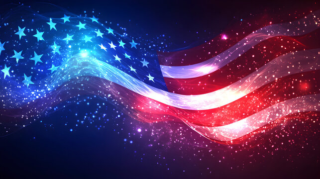 Abstract glowing American flag background. Waving USA flag made of sparkling light particles. Patriotic concept for national holidays like the 4th of July