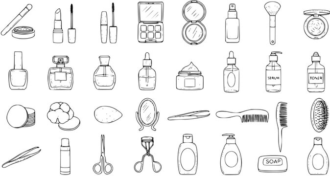 Hand-drawn Black and White Line Art Doodle of Beauty and Cosmetic Products Collection. Outline Illustration of Makeup Tools, Skincare, and Personal Care Items.