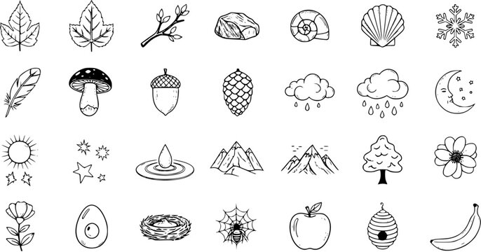 Hand-drawn Nature Elements Line Art Icons Collection. Black  White Doodle Graphics Set for Outdoors, Weather, Plants, Animals, Ecology, and Environment.
