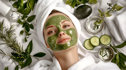 Top view of woman with green clay face mask lying on white towels. Spa beauty treatment flat lay with organic ingredients and cucumber