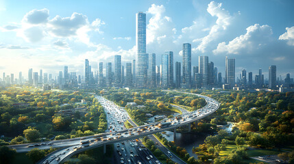 A modern city skyline with skyscrapers and a highway full of traffic. Futuristic urban landscape with green parks and sustainable infrastructure concept