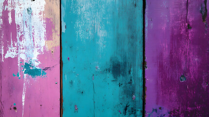 Colorful abstract background of rustic painted wood planks. Distressed texture of weathered magenta, turquoise, and purple boards