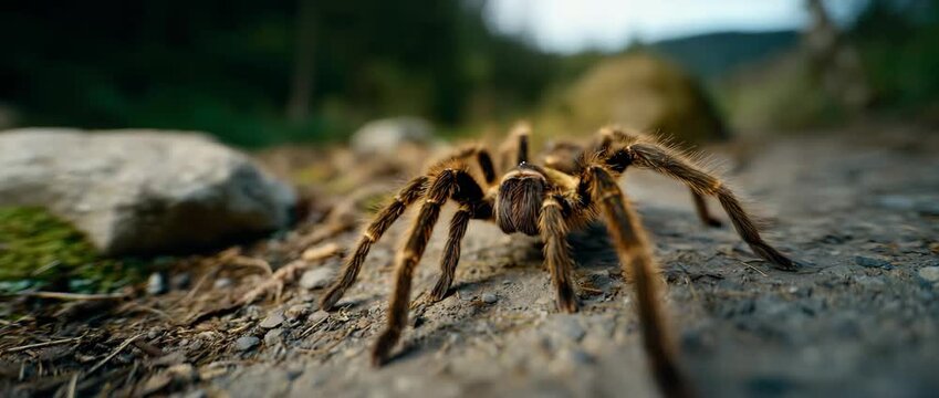 A detailed view of a tarantula walking on a forest path.