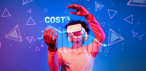 A virtual reality user interacts with dynamic 3D graphics displaying cost reduction metrics, set in a vibrant, futuristic digital space showcasing innovative technology. XDMCP